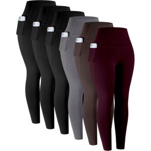 LZYVOO Leggings with Pockets for Women, 6 Packs Soft High Waisted Tummy Control Workout Yoga Pants(6 Packs – Black black black gray brown cassis)