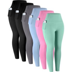 LZYVOO Leggings with Pockets for Women, 6 Packs Soft High Waisted Tummy Control Workout Yoga Pants(6 Packs – Black black gray sky Blue pink mint)