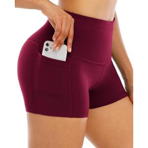 LZYVOO Spandex Shorts for Women with Pockets,Women’s High Waisted Yoga Workout Booty Shorts(3″ Burgundy-M)