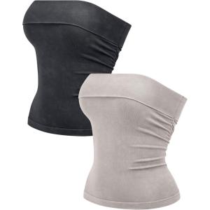 OLCHEE Womens 2PK Tube Tops Off Shoulder Seamless Ribbed Strapless Sleeveless Side Ruched Slim Fitted Summer Going Out Top(Acid Wash: Black + Cream)