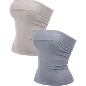 OLCHEE Womens 2PK Tube Tops Off Shoulder Seamless Ribbed Strapless Sleeveless Side Ruched Slim Fitted Summer Going Out Top(Acid Wash: Grey + Cream)