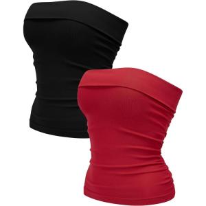 OLCHEE Womens 2PK Tube Tops Off Shoulder Seamless Ribbed Strapless Sleeveless Side Ruched Slim Fitted Summer Going Out Top(Black + Red)
