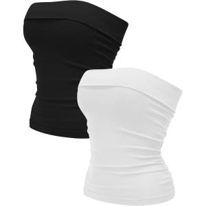 OLCHEE Womens 2PK Tube Tops Off Shoulder Seamless Ribbed Strapless Sleeveless Side Ruched Slim Fitted Summer Going Out Top(Black + White)