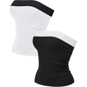 OLCHEE Womens 2PK Tube Tops Off Shoulder Seamless Ribbed Strapless Sleeveless Side Ruched Slim Fitted Summer Going Out Top(Contrast: Black + White)