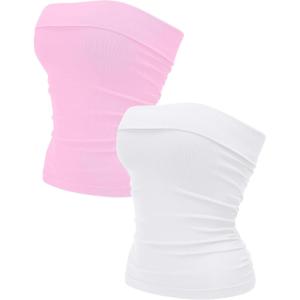 OLCHEE Womens 2PK Tube Tops Off Shoulder Seamless Ribbed Strapless Sleeveless Side Ruched Slim Fitted Summer Going Out Top(White + Light Pink)