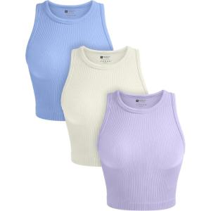 OLCHEE Womens 3 Pack Crop Tank Tops Basic Seamless Ribbed Round High Neck Racerback Workout Top Summer Causal Yoga Gym Shirts(Beige + Light Blue + Lavender)