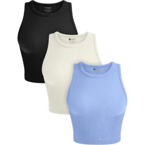 OLCHEE Womens 3 Pack Crop Tank Tops Basic Seamless Ribbed Round High Neck Racerback Workout Top Summer Causal Yoga Gym Shirts(Black + Beige + Light Blue)