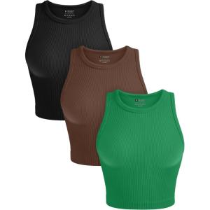 OLCHEE Womens 3 Pack Crop Tank Tops Basic Seamless Ribbed Round High Neck Racerback Workout Top Summer Causal Yoga Gym Shirts(Black + Brown + Grass Green)