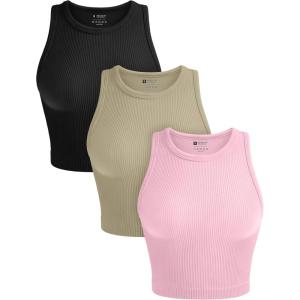OLCHEE Womens 3 Pack Crop Tank Tops Basic Seamless Ribbed Round High Neck Racerback Workout Top Summer Causal Yoga Gym Shirts(Black + Khaki + Pink)