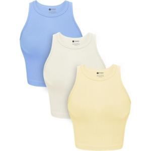 OLCHEE Womens 3 Pack Crop Tank Tops Basic Seamless Ribbed Round High Neck Racerback Workout Top Summer Causal Yoga Gym Shirts(Blue + Beige + Yellow)