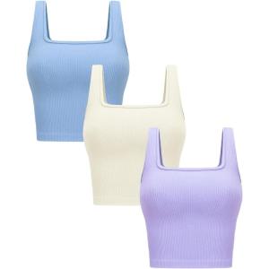 OLCHEE Womens 3 Pack Crop Tank Tops Basic Seamless Ribbed Sleeveless Square Neck Workout Top Summer Exercise Yoga Gym Shirts(Beige + Light Blue + Lavender)
