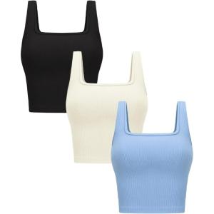 OLCHEE Womens 3 Pack Crop Tank Tops Basic Seamless Ribbed Sleeveless Square Neck Workout Top Summer Exercise Yoga Gym Shirts(Black + Beige + Light Blue)