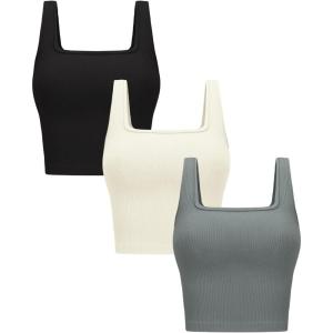 OLCHEE Womens 3 Pack Crop Tank Tops Basic Seamless Ribbed Sleeveless Square Neck Workout Top Summer Exercise Yoga Gym Shirts(Black + Beige + Light Grey)