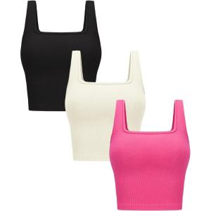 OLCHEE Womens 3 Pack Crop Tank Tops Basic Seamless Ribbed Sleeveless Square Neck Workout Top Summer Exercise Yoga Gym Shirts(Black + Beige + Rose)
