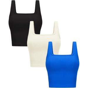 OLCHEE Womens 3 Pack Crop Tank Tops Basic Seamless Ribbed Sleeveless Square Neck Workout Top Summer Exercise Yoga Gym Shirts(Black + Beige + Royal Blue)