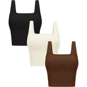 OLCHEE Womens 3 Pack Crop Tank Tops Basic Seamless Ribbed Sleeveless Square Neck Workout Top Summer Exercise Yoga Gym Shirts(Black + Brown + Beige)