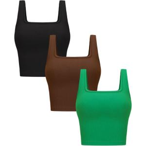 OLCHEE Womens 3 Pack Crop Tank Tops Basic Seamless Ribbed Sleeveless Square Neck Workout Top Summer Exercise Yoga Gym Shirts(Black + Brown + Grass Green)