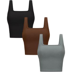 OLCHEE Womens 3 Pack Crop Tank Tops Basic Seamless Ribbed Sleeveless Square Neck Workout Top Summer Exercise Yoga Gym Shirts(Black + Brown + Light Grey)