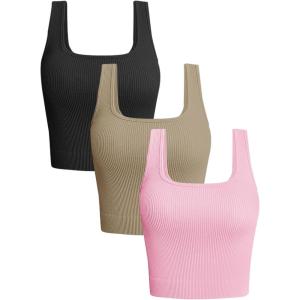 OLCHEE Womens 3 Pack Crop Tank Tops Basic Seamless Ribbed Sleeveless Square Neck Workout Top Summer Exercise Yoga Gym Shirts(Black + Khaki + Pink)
