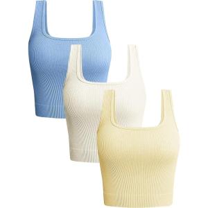 OLCHEE Womens 3 Pack Crop Tank Tops Basic Seamless Ribbed Sleeveless Square Neck Workout Top Summer Exercise Yoga Gym Shirts(Blue + Beige + Yellow)