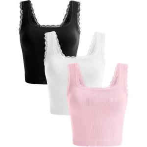 OLCHEE Womens 3 Pack Crop Tank Tops Basic Seamless Ribbed Sleeveless Square Neck Workout Top Summer Exercise Yoga Gym Shirts(Lace : Black + White + Light Pink)