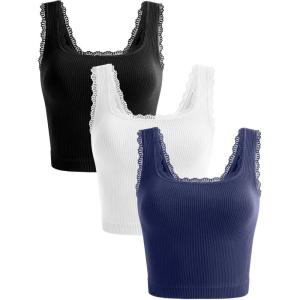 OLCHEE Womens 3 Pack Crop Tank Tops Basic Seamless Ribbed Sleeveless Square Neck Workout Top Summer Exercise Yoga Gym Shirts(Lace : Black + White + Navy)
