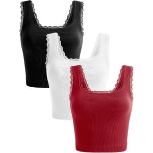 OLCHEE Womens 3 Pack Crop Tank Tops Basic Seamless Ribbed Sleeveless Square Neck Workout Top Summer Exercise Yoga Gym Shirts(Lace : Black + White + Red)