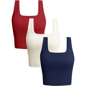 OLCHEE Womens 3 Pack Crop Tank Tops Basic Seamless Ribbed Sleeveless Square Neck Workout Top Summer Exercise Yoga Gym Shirts(Navy + Beige + Red)