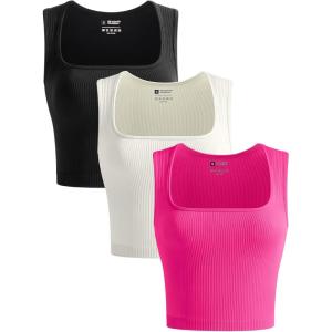 OLCHEE Womens 3 Pack Crop Tank Tops Seamless Ribbed Square Neck Tapered Shoulder Strap Sleeveless Workout Top Summer Shirts(Black + Beige + Rose)