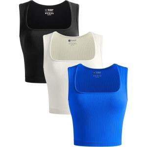 OLCHEE Womens 3 Pack Crop Tank Tops Seamless Ribbed Square Neck Tapered Shoulder Strap Sleeveless Workout Top Summer Shirts(Black + Beige + Royal Blue)