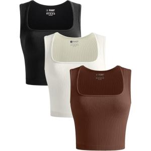 OLCHEE Womens 3 Pack Crop Tank Tops Seamless Ribbed Square Neck Tapered Shoulder Strap Sleeveless Workout Top Summer Shirts(Black + Brown + Beige)