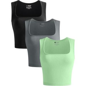 OLCHEE Womens 3 Pack Crop Tank Tops Seamless Ribbed Square Neck Tapered Shoulder Strap Sleeveless Workout Top Summer Shirts(Black + Light Grey + Olive Green)