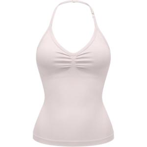 OLCHEE Womens Halter Tank Tops V Neck Impact Backless Longline Strappy Adjustable Gym Workout Top Padded(Beige)