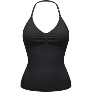 OLCHEE Womens Halter Tank Tops V Neck Impact Backless Longline Strappy Adjustable Gym Workout Top Padded(Black)