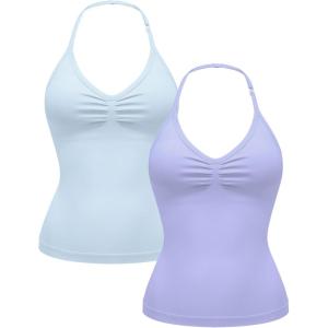OLCHEE Womens Halter Tank Tops V Neck Impact Backless Longline Strappy Adjustable Gym Workout Top Padded(Light Blue + Lavender)