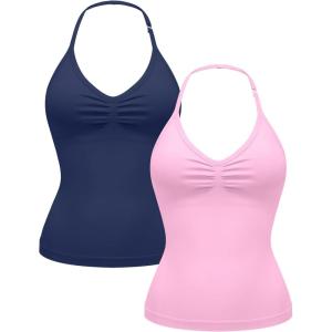 OLCHEE Womens Halter Tank Tops V Neck Impact Backless Longline Strappy Adjustable Gym Workout Top Padded(Navy + Light Pink)