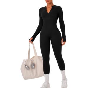 OLCHEE Womens Long Sleeve Workout Jumpsuit Seamless Ribbed Tummy Control Yoga Bodycon Zip Up One Piece Unitard Sculpt Rompers(Black)