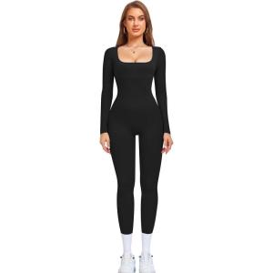 OLCHEE Womens Long Sleeve Workout Jumpsuit Square Neck Ribbed Seamless Yoga Romper Sexy Bodycon Tummy Control Unitard Onesie(Leggings: Black)