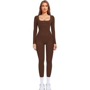 OLCHEE Womens Long Sleeve Workout Jumpsuit Square Neck Ribbed Seamless Yoga Romper Sexy Bodycon Tummy Control Unitard Onesie(Leggings: Brown)