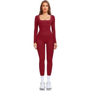 OLCHEE Womens Long Sleeve Workout Jumpsuit Square Neck Ribbed Seamless Yoga Romper Sexy Bodycon Tummy Control Unitard Onesie(Leggings: Cherry Red)