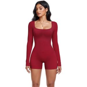OLCHEE Womens Long Sleeve Workout Jumpsuit Square Neck Ribbed Seamless Yoga Romper Sexy Bodycon Tummy Control Unitard Onesie(Shorts: Cherry Red)