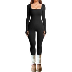OLCHEE Womens Long Sleeve Workout Jumpsuit Square Neck Ribbed Seamless Yoga Romper Sexy Bodycon Tummy Control Unitard Onesie(Thumb Hole: Black)