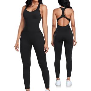 OLCHEE Womens Workout Jumpsuits Seamless Yoga Gym Bodycon Rompers Sexy Racerback Tummy Control Padded Bra Unitard(Black)