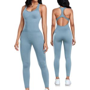 OLCHEE Womens Workout Jumpsuits Seamless Yoga Gym Bodycon Rompers Sexy Racerback Tummy Control Padded Bra Unitard(Blue)