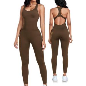 OLCHEE Womens Workout Jumpsuits Seamless Yoga Gym Bodycon Rompers Sexy Racerback Tummy Control Padded Bra Unitard(Brown)