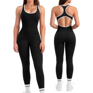 OLCHEE Womens Workout Jumpsuits Seamless Yoga Gym Bodycon Rompers Sexy Racerback Tummy Control Padded Bra Unitard(Contrast Trim: Black)