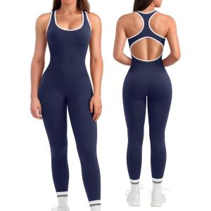 OLCHEE Womens Workout Jumpsuits Seamless Yoga Gym Bodycon Rompers Sexy Racerback Tummy Control Padded Bra Unitard(Contrast Trim: Navy)
