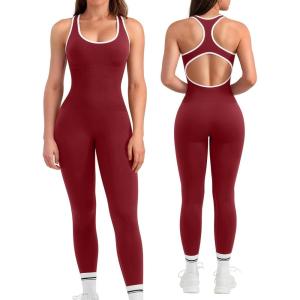 OLCHEE Womens Workout Jumpsuits Seamless Yoga Gym Bodycon Rompers Sexy Racerback Tummy Control Padded Bra Unitard(Contrast Trim: Red)