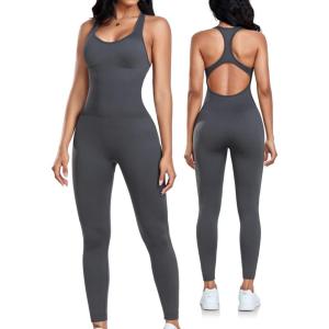 OLCHEE Womens Workout Jumpsuits Seamless Yoga Gym Bodycon Rompers Sexy Racerback Tummy Control Padded Bra Unitard(Grey)