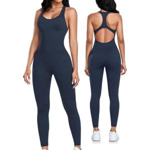 OLCHEE Womens Workout Jumpsuits Seamless Yoga Gym Bodycon Rompers Sexy Racerback Tummy Control Padded Bra Unitard(Prussian Blue)